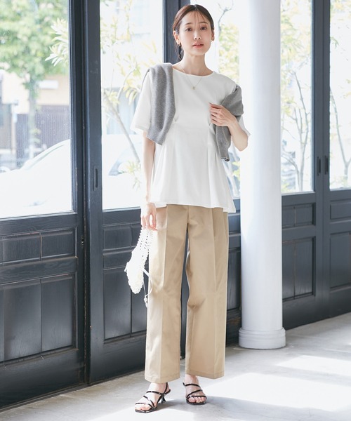 ROPE' PICNIC（ロペピクニック）の「(接触冷感×UVカット)ウエストタックペプラムトップス（Tシャツ/カットソー・レディース・ブラック/ブルー系その他6/ホワイト/ライトグリーン・38）」の10枚目の写真