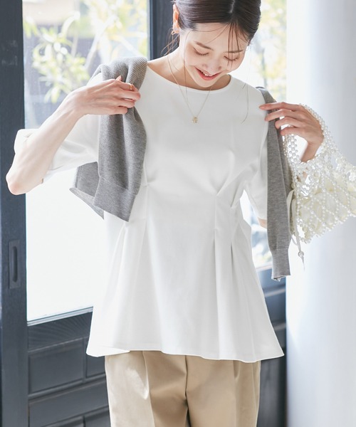 ROPE' PICNIC（ロペピクニック）の「(接触冷感×UVカット)ウエストタックペプラムトップス（Tシャツ/カットソー・レディース・ブラック/ブルー系その他6/ホワイト/ライトグリーン・38）」の12枚目の写真