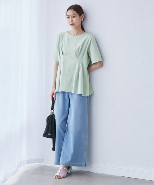 ROPE' PICNIC（ロペピクニック）の「(接触冷感×UVカット)ウエストタックペプラムトップス（Tシャツ/カットソー・レディース・ブラック/ブルー系その他6/ホワイト/ライトグリーン・38）」の13枚目の写真