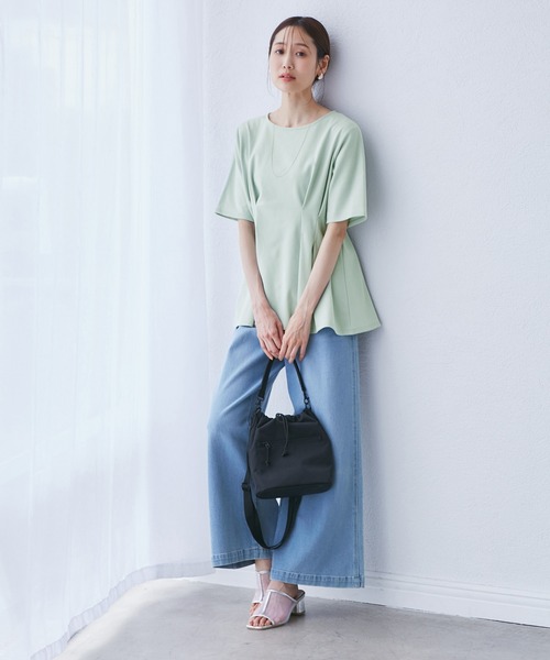 ROPE' PICNIC（ロペピクニック）の「(接触冷感×UVカット)ウエストタックペプラムトップス（Tシャツ/カットソー・レディース・ブラック/ブルー系その他6/ホワイト/ライトグリーン・38）」の14枚目の写真