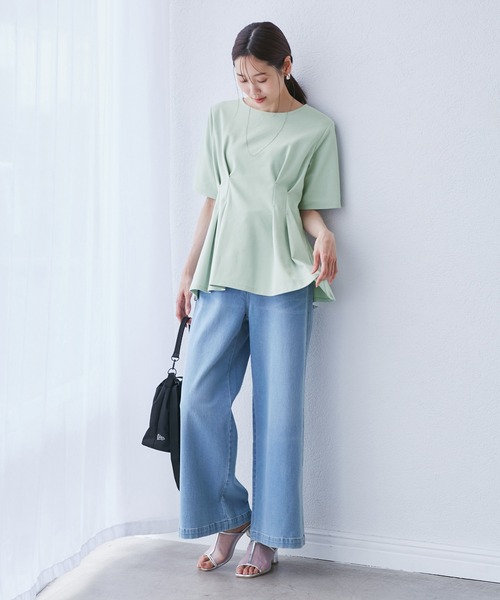 ROPE' PICNIC（ロペピクニック）の「(接触冷感×UVカット)ウエストタックペプラムトップス（Tシャツ/カットソー・レディース・ブラック/ブルー系その他6/ホワイト/ライトグリーン・38）」の15枚目の写真