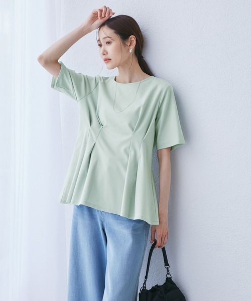 ROPE' PICNIC（ロペピクニック）の「(接触冷感×UVカット)ウエストタックペプラムトップス（Tシャツ/カットソー・レディース・ブラック/ブルー系その他6/ホワイト/ライトグリーン・38）」の17枚目の写真