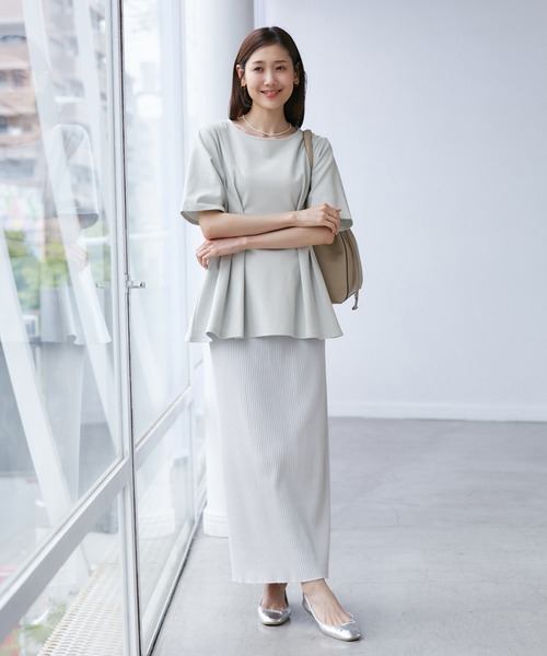 ROPE' PICNIC（ロペピクニック）の「(接触冷感×UVカット)ウエストタックペプラムトップス（Tシャツ/カットソー・レディース・ブラック/ブルー系その他6/ホワイト/ライトグリーン・38）」の19枚目の写真