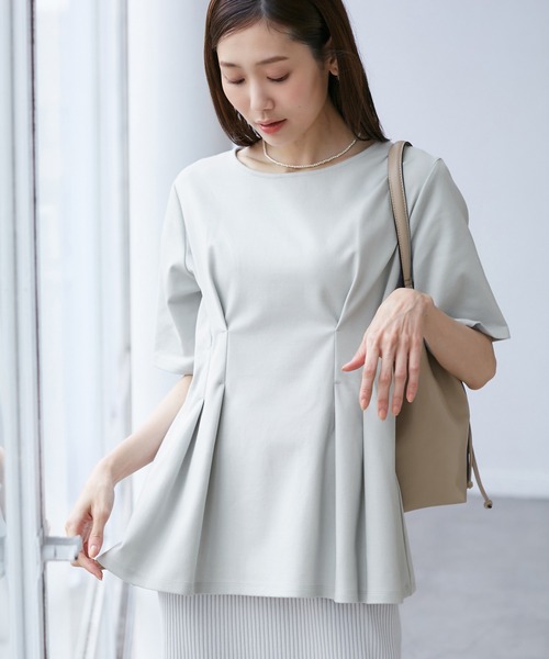 ROPE' PICNIC（ロペピクニック）の「(接触冷感×UVカット)ウエストタックペプラムトップス（Tシャツ/カットソー・レディース・ブラック/ブルー系その他6/ホワイト/ライトグリーン・38）」の22枚目の写真