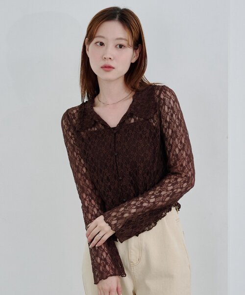 Kastane（カスタネ）の「【新色追加/S.Mサイズ展開】衿付きレースプルオーバー（Tシャツ/カットソー・レディース・ホワイト/アイボリー/ブラック/ブラウン・SMALL/MEDIUM）」の4枚目の写真