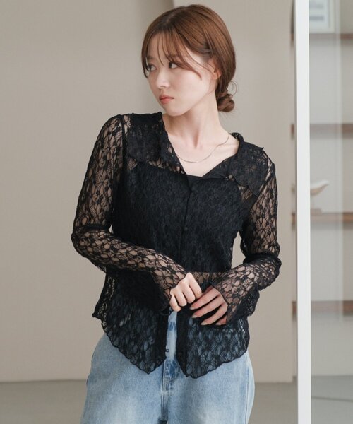 Kastane（カスタネ）の「【新色追加/S.Mサイズ展開】衿付きレースプルオーバー（Tシャツ/カットソー・レディース・ホワイト/アイボリー/ブラック/ブラウン・SMALL/MEDIUM）」の3枚目の写真