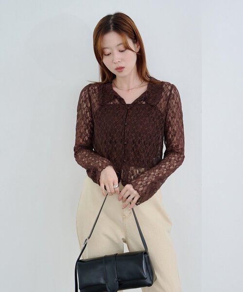 Kastane（カスタネ）の「【新色追加/S.Mサイズ展開】衿付きレースプルオーバー（Tシャツ/カットソー・レディース・ホワイト/アイボリー/ブラック/ブラウン・SMALL/MEDIUM）」の15枚目の写真