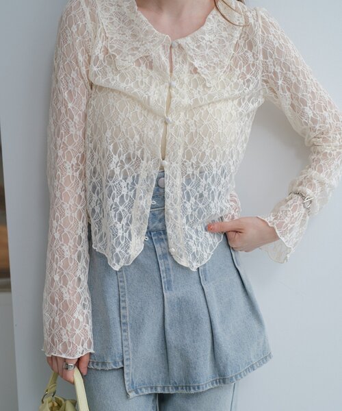 Kastane（カスタネ）の「【新色追加/S.Mサイズ展開】衿付きレースプルオーバー（Tシャツ/カットソー・レディース・ホワイト/アイボリー/ブラック/ブラウン・SMALL/MEDIUM）」の16枚目の写真