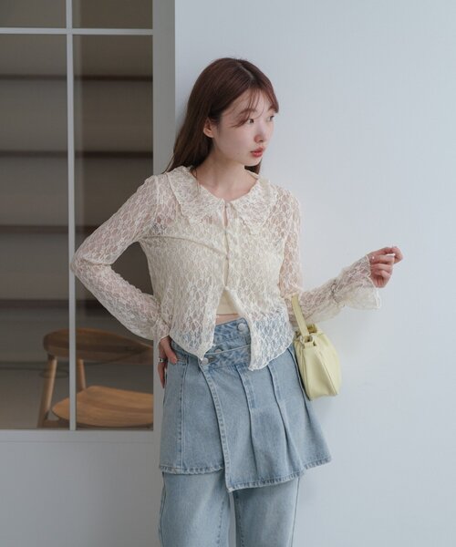 Kastane（カスタネ）の「【新色追加/S.Mサイズ展開】衿付きレースプルオーバー（Tシャツ/カットソー・レディース・ホワイト/アイボリー/ブラック/ブラウン・SMALL/MEDIUM）」の18枚目の写真