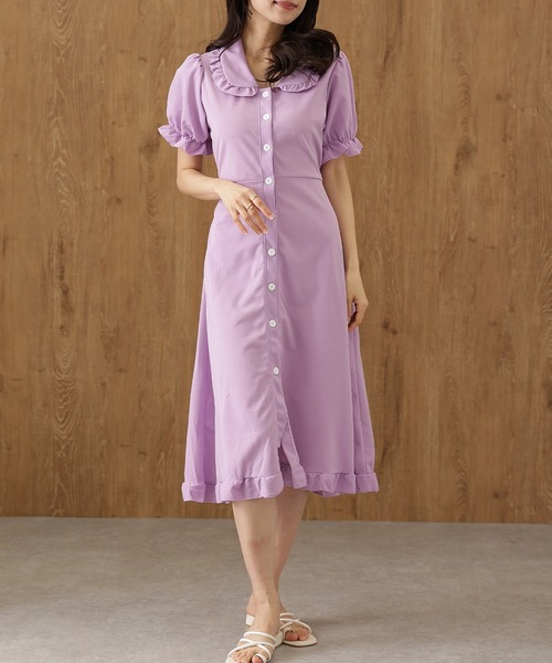 Lace Ladies(レースレディース)の「ビッグカラー フリル 前開き パフスリーブ ワンピース(ワンピース・レディース・パープル・S/M/XL)」の1枚目の写真