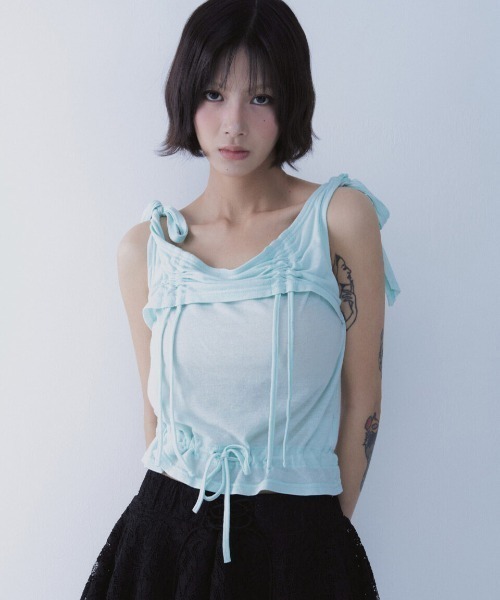 SETSETSET（セットセットセット）の「A'GEM/9 × .kom 『SETSETSET/セットセットセット』 RABBIT SHIRRING T-SHIRT/ラビット シャーリング半袖Tシャツ（Tシャツ/カットソー・レディース・ホワイト/ブルー/ブラック・FREE）」の3枚目の写真