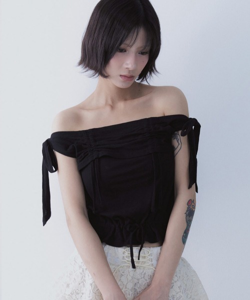 SETSETSET（セットセットセット）の「A'GEM/9 × .kom 『SETSETSET/セットセットセット』 RABBIT SHIRRING T-SHIRT/ラビット シャーリング半袖Tシャツ（Tシャツ/カットソー・レディース・ホワイト/ブルー/ブラック・FREE）」の2枚目の写真
