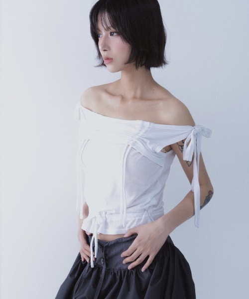 SETSETSET（セットセットセット）の「A'GEM/9 × .kom 『SETSETSET/セットセットセット』 RABBIT SHIRRING T-SHIRT/ラビット シャーリング半袖Tシャツ（Tシャツ/カットソー・レディース・ホワイト/ブルー/ブラック・FREE）」の6枚目の写真