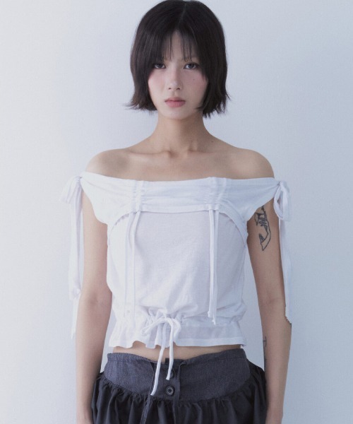SETSETSET（セットセットセット）の「A'GEM/9 × .kom 『SETSETSET/セットセットセット』 RABBIT SHIRRING T-SHIRT/ラビット シャーリング半袖Tシャツ（Tシャツ/カットソー・レディース・ホワイト/ブルー/ブラック・FREE）」の9枚目の写真