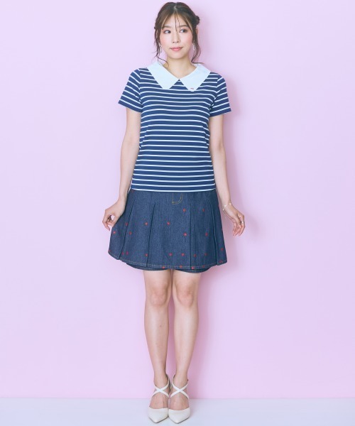 marun（マルン）の「＜大きいサイズ＞衿元刺しゅうシャツドッキングトップス marun（Tシャツ/カットソー・レディース・ネイビー/ピンク・L/LL/3L/4L/5L）」の10枚目の写真