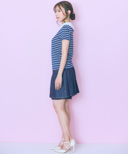 marun（マルン）の「＜大きいサイズ＞衿元刺しゅうシャツドッキングトップス marun（Tシャツ/カットソー・レディース・ネイビー/ピンク・L/LL/3L/4L/5L）」の11枚目の写真