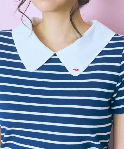 marun（マルン）の「＜大きいサイズ＞衿元刺しゅうシャツドッキングトップス marun（Tシャツ/カットソー・レディース・ネイビー/ピンク・L/LL/3L/4L/5L）」の13枚目の写真