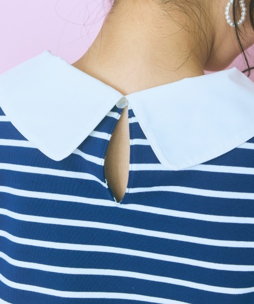 marun（マルン）の「＜大きいサイズ＞衿元刺しゅうシャツドッキングトップス marun（Tシャツ/カットソー・レディース・ネイビー/ピンク・L/LL/3L/4L/5L）」の16枚目の写真