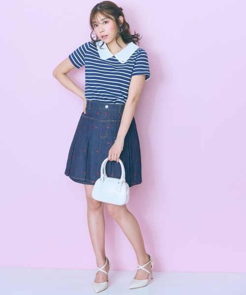 marun（マルン）の「＜大きいサイズ＞衿元刺しゅうシャツドッキングトップス marun（Tシャツ/カットソー・レディース・ネイビー/ピンク・L/LL/3L/4L/5L）」の3枚目の写真