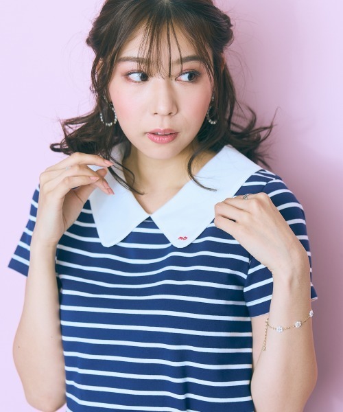 marun（マルン）の「＜大きいサイズ＞衿元刺しゅうシャツドッキングトップス marun（Tシャツ/カットソー・レディース・ネイビー/ピンク・L/LL/3L/4L/5L）」の19枚目の写真