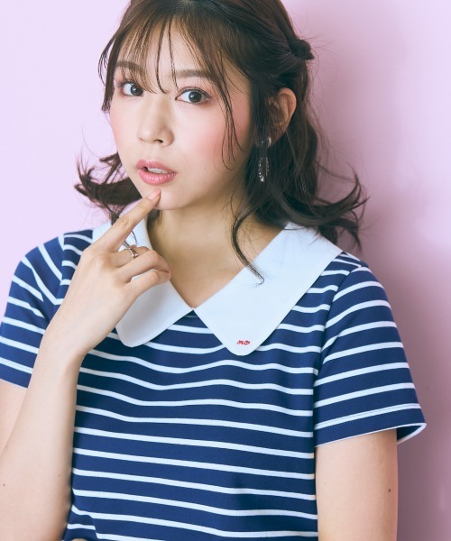 marun（マルン）の「＜大きいサイズ＞衿元刺しゅうシャツドッキングトップス marun（Tシャツ/カットソー・レディース・ネイビー/ピンク・L/LL/3L/4L/5L）」の20枚目の写真