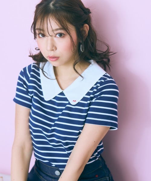 marun（マルン）の「＜大きいサイズ＞衿元刺しゅうシャツドッキングトップス marun（Tシャツ/カットソー・レディース・ネイビー/ピンク・L/LL/3L/4L/5L）」の4枚目の写真