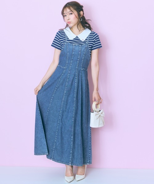 marun（マルン）の「＜大きいサイズ＞衿元刺しゅうシャツドッキングトップス marun（Tシャツ/カットソー・レディース・ネイビー/ピンク・L/LL/3L/4L/5L）」の5枚目の写真