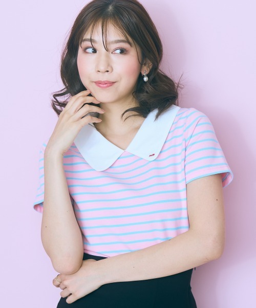 marun（マルン）の「＜大きいサイズ＞衿元刺しゅうシャツドッキングトップス marun（Tシャツ/カットソー・レディース・ネイビー/ピンク・L/LL/3L/4L/5L）」の9枚目の写真