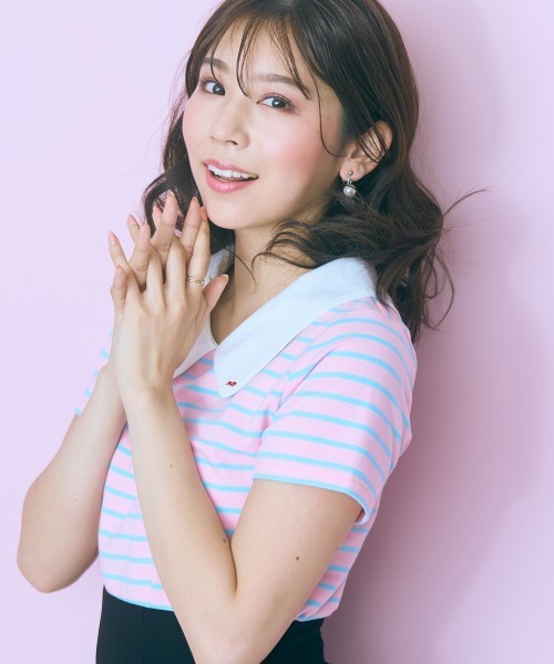 marun（マルン）の「＜大きいサイズ＞衿元刺しゅうシャツドッキングトップス marun（Tシャツ/カットソー・レディース・ネイビー/ピンク・L/LL/3L/4L/5L）」の21枚目の写真