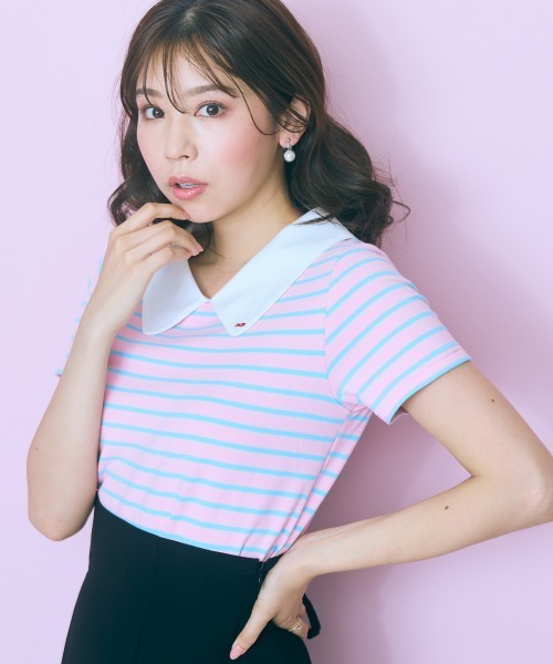 marun（マルン）の「＜大きいサイズ＞衿元刺しゅうシャツドッキングトップス marun（Tシャツ/カットソー・レディース・ネイビー/ピンク・L/LL/3L/4L/5L）」の22枚目の写真