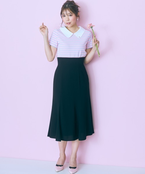 marun（マルン）の「＜大きいサイズ＞衿元刺しゅうシャツドッキングトップス marun（Tシャツ/カットソー・レディース・ネイビー/ピンク・L/LL/3L/4L/5L）」の7枚目の写真