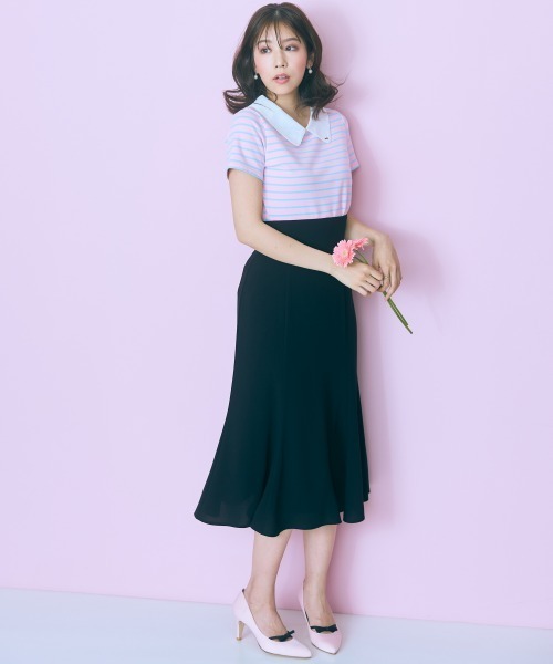 marun（マルン）の「＜大きいサイズ＞衿元刺しゅうシャツドッキングトップス marun（Tシャツ/カットソー・レディース・ネイビー/ピンク・L/LL/3L/4L/5L）」の8枚目の写真