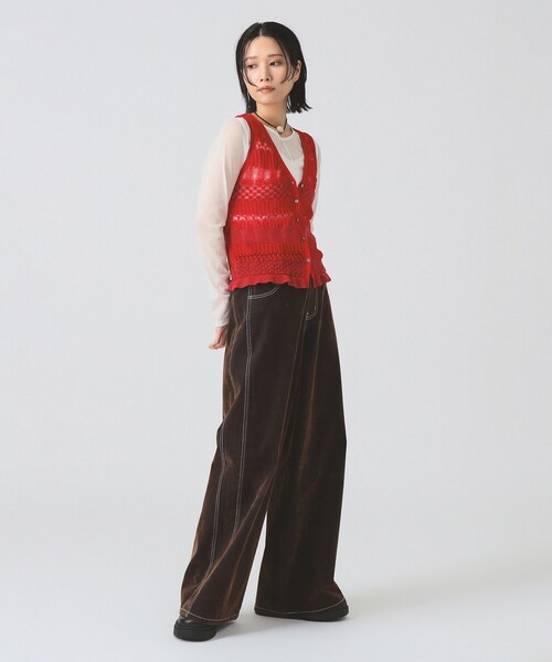 Ray BEAMS（レイビームス）の「ボーダー レース編み ベスト（ベスト・レディース・オフホワイト/レッド・ONE SIZE）」の8枚目の写真