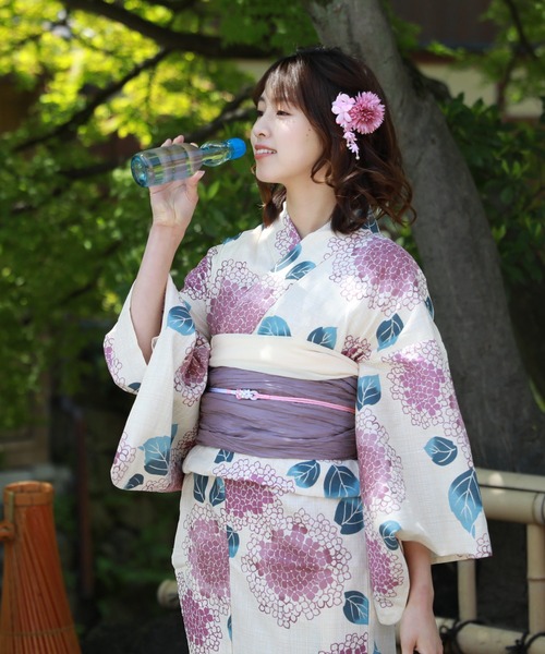 綿麻浴衣3点セット「生成り地にふじいろ紫陽花と青色葉っぱ