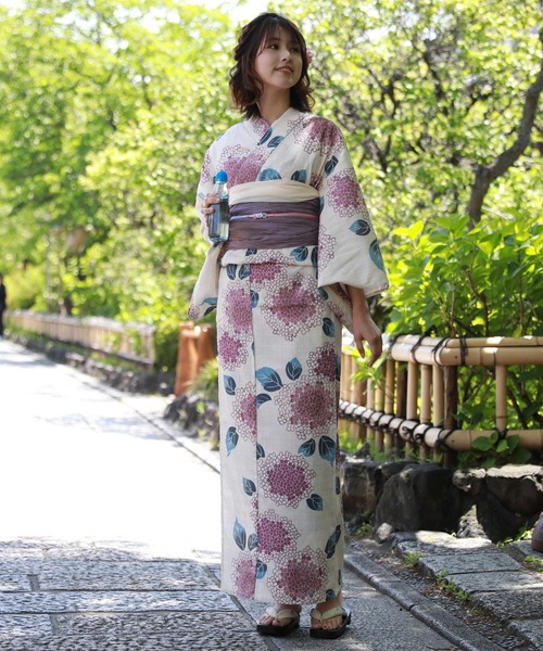 綿麻　浴衣　葉っぱ　ストライプ　ライトブルー　空色 ファッションレター Fashion Letter セパレート綿浴衣 2点セット