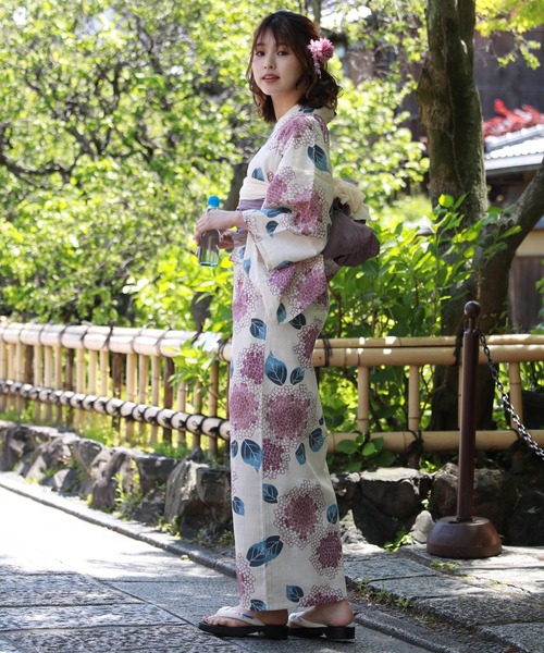 綿麻浴衣3点セット「生成り地にふじいろ紫陽花と青色葉っぱ