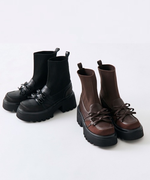 OLIVE des OLIVE（オリーブデオリーブ）の「リブニットダブルリボンローファー（ブーツ・レディース・ブラック/ブラウン・SMALL/LARGE/MEDIUM）」の3枚目の写真