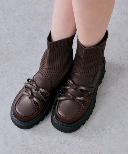 OLIVE des OLIVE（オリーブデオリーブ）の「リブニットダブルリボンローファー（ブーツ・レディース・ブラック/ブラウン・SMALL/LARGE/MEDIUM）」の6枚目の写真