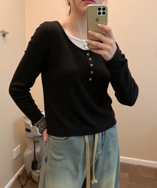 cammie（キャミー）の「フロントボタンレイヤードトップス（Tシャツ/カットソー・レディース・ブラック/ブラウン/グレー・M/L）」の10枚目の写真