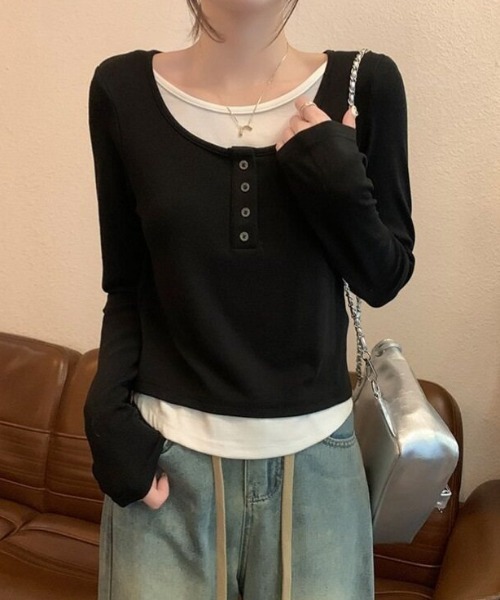 cammie（キャミー）の「フロントボタンレイヤードトップス（Tシャツ/カットソー・レディース・ブラック/ブラウン/グレー・M/L）」の9枚目の写真
