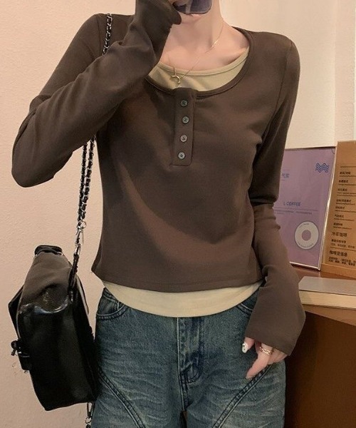 cammie（キャミー）の「フロントボタンレイヤードトップス（Tシャツ/カットソー・レディース・ブラック/ブラウン/グレー・M/L）」の11枚目の写真