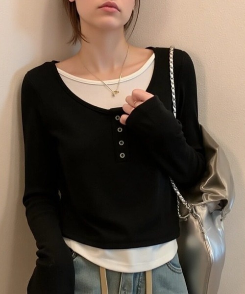 cammie（キャミー）の「フロントボタンレイヤードトップス（Tシャツ/カットソー・レディース・ブラック/ブラウン/グレー・M/L）」の6枚目の写真