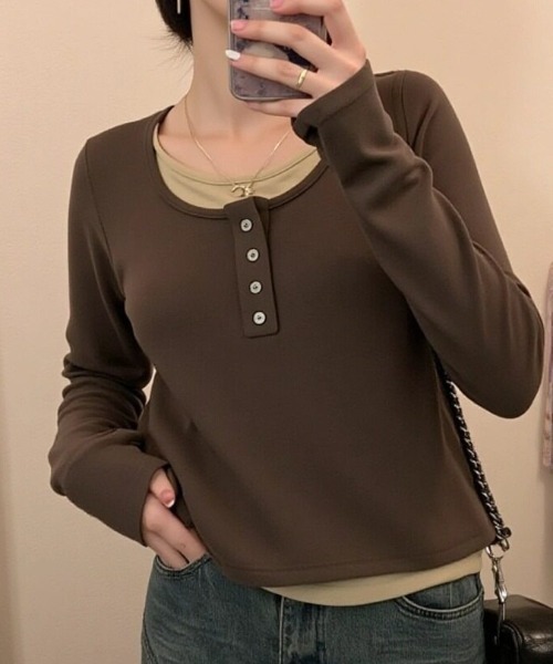 cammie（キャミー）の「フロントボタンレイヤードトップス（Tシャツ/カットソー・レディース・ブラック/ブラウン/グレー・M/L）」の13枚目の写真
