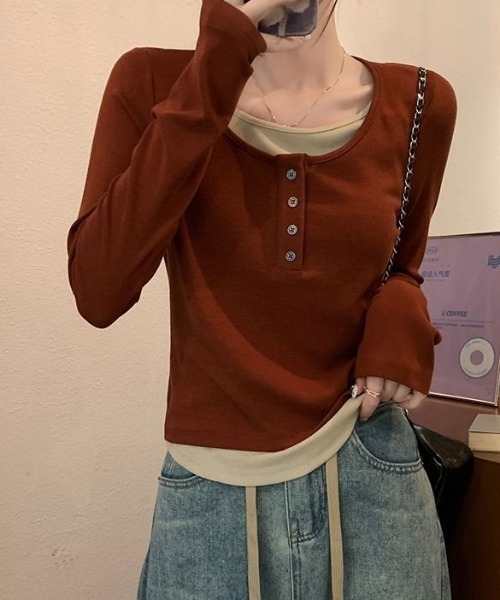 cammie（キャミー）の「フロントボタンレイヤードトップス（Tシャツ/カットソー・レディース・ブラック/ブラウン/グレー・M/L）」の15枚目の写真