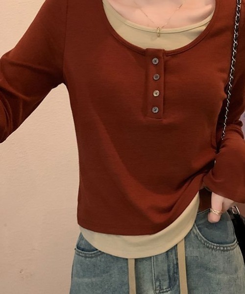 cammie（キャミー）の「フロントボタンレイヤードトップス（Tシャツ/カットソー・レディース・ブラック/ブラウン/グレー・M/L）」の16枚目の写真