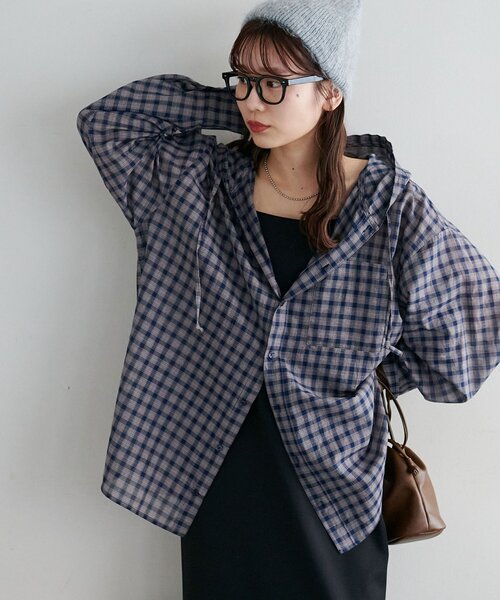 セール】【ユニセックス/WEB限定】シアーチェックフードシャツ（シャツ