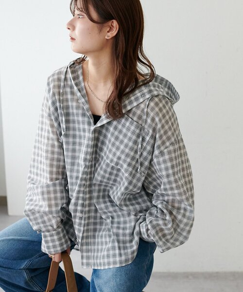 セール】【ユニセックス/WEB限定】シアーチェックフードシャツ（シャツ