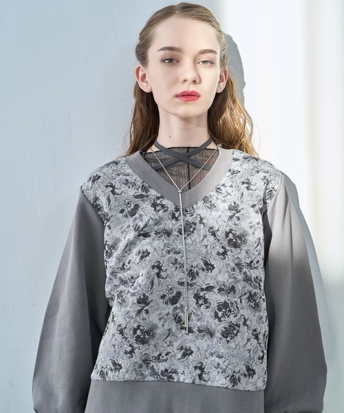 HARE（ハレ）の「ストリングジャガードキリカエVネックトップス(HARE)（スウェット・レディース・ネイビー/シルバー/ゴールド/グレー・FREE）」の2枚目の写真