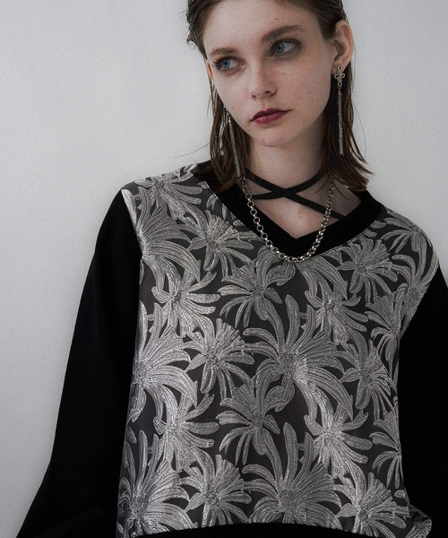 ストリングジャガードキリカエVネックトップス(HARE)（スウェット