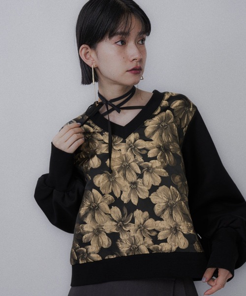 ストリングジャガードキリカエVネックトップス(HARE)（スウェット